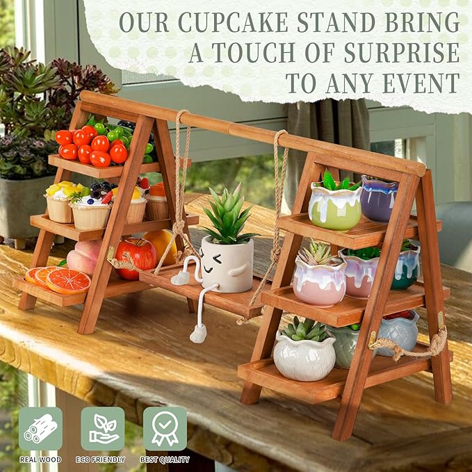 Cupcake Stand, 3 Tier Wood Cupcake Display Stand with Swing, Dessert Table Display Set with Serving Tray for Dessert Display for Party, Wedding, Farmhouse Decor (Brown)