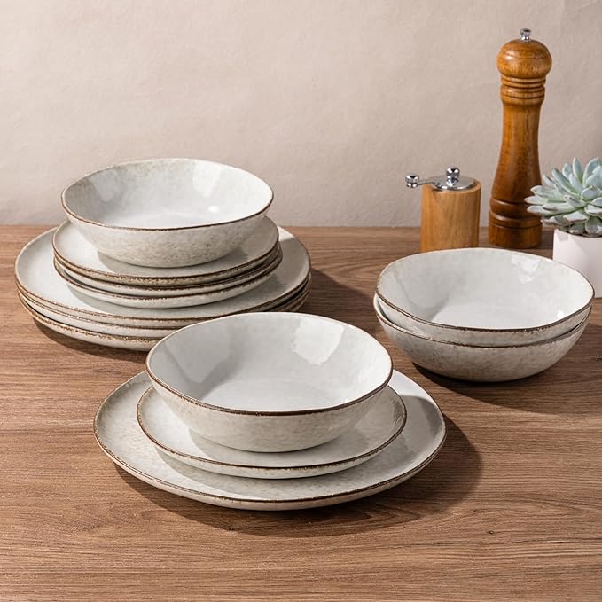AmorArc Ceramic Dinnerware Sets,Handmade Reactive Glaze Stonewre Plates and Bowls Sets,Highly Chip and Crack Resistant | Dishwasher & Microwave Safe Dishes Set,Service for 4 (12pc)