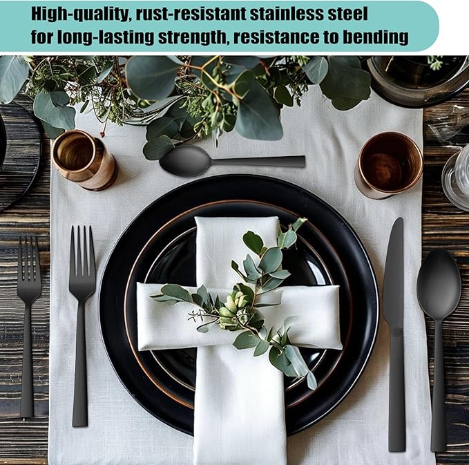 VeSteel 45Pcs Matte Black Silverware Set with Serving Utensils, Stainless Steel Flatware Set Service for 8, Metal Cutlery Eating Utensils Tableware Includes Forks/Spoons/Knives/Hostess Set