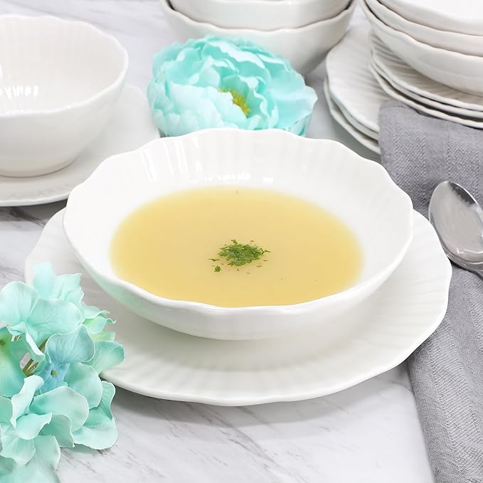 Elama Millie 16 Piece Scalloped Double Bowl Porcelain White Dinnerware Set, Serveware, Tableware, Bowls, Plate Set (Millie)