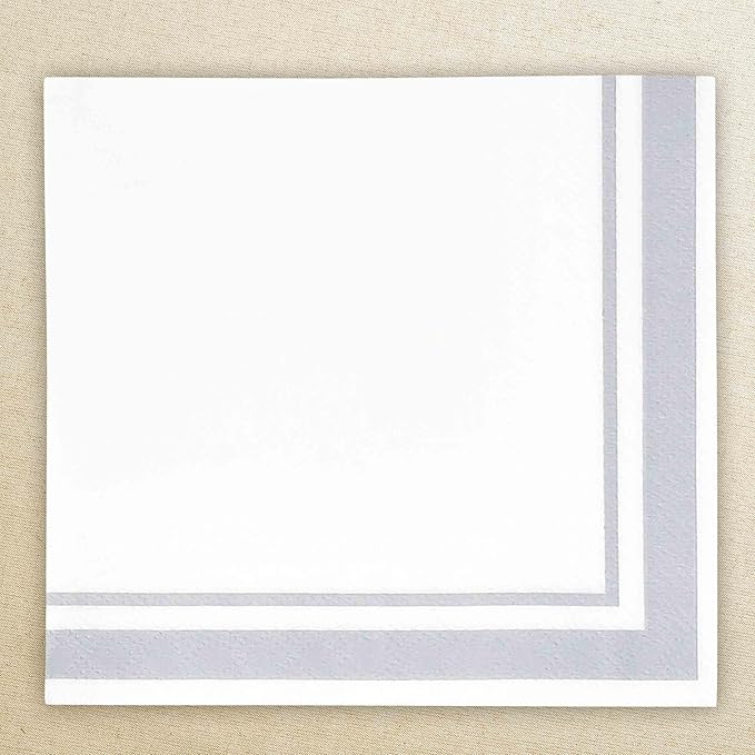 Gift Boutique Gray and White Cocktail Napkins – 120 Pack 5 x 5 Inch 3-Ply Disposable Lined Beverage Napkins for Parties, Weddings, Anniversaries, Events, and Special Occasions