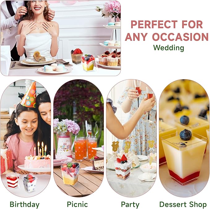 OTOB 300 Pack 5.4 oz Dessert Cups with Lids and Spoons | Serves 100 | Small Square Plastic Cake Pudding Cups, Mini Party Serving Cups for Parfait, Yogurt, Appetizers, Mousse, Dessert Shot Glasses Bowl