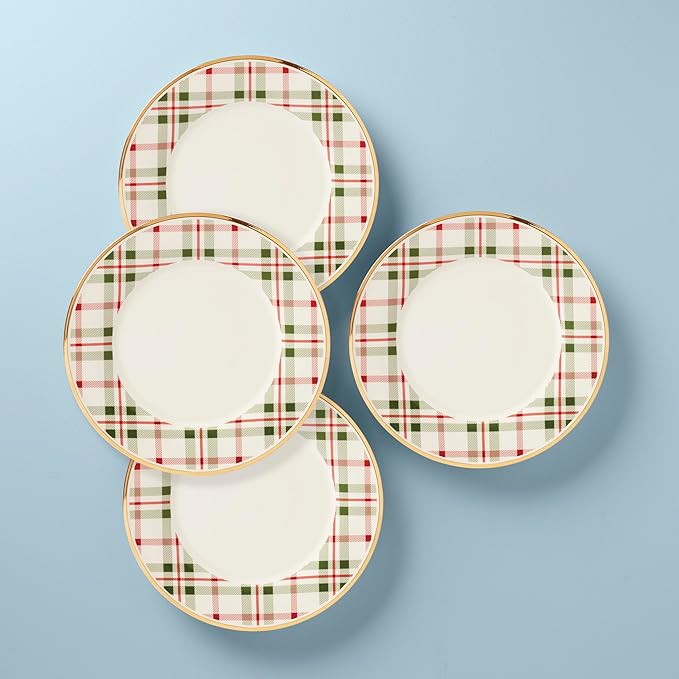 Lenox 894966 Holiday Plaid Dinner Plates, Set of 4, Red & Green, Christmas Dinnerware, Hosting