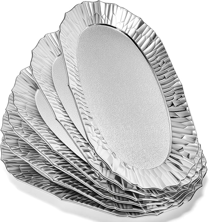 AVLA 6 Pack Plastic Serving Tray, Silver Serving Platter, Reusable Party Snack Serving Tray, Decorative Food Appetizer Platters for Dessert Table, Cupcake, Charcuterie, Cookies, 14" x 8.5"