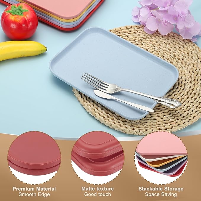 PATIKIL 7.9x5.9 Plastic Tray, 2 Pack Rectangular Plates Small Food Tray Wheat Plates Dishes Reusable Dessert Plate Trays with Cloth for Cake Fruits Salad Cupcake Steak Serving Dark Red