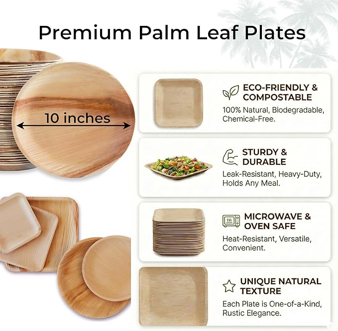 Indie Palm Disposable Palm Leaf Plates – 50 Pack 10 Inch Round – Heavy Duty, 100% Compostable & Biodegradable – Eco-Friendly Alternative to Plastic & Bamboo (50, 10 inches)