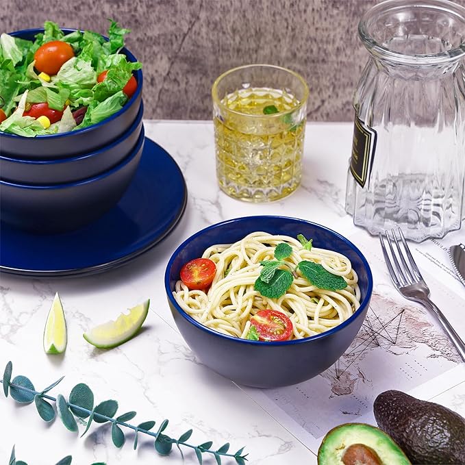 TP 12-Piece Dinnerware Set, Melamine Dishes Set with Bowls and Plates, Non-breakable and Lightweight Dinner Service for 4, Black and Blue