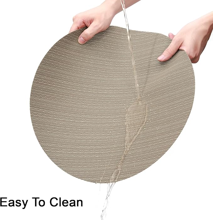 Round Placemats Set of 4 Heat Resistant Vinyl Placemats 15 inch Washable Non-Slip Table Mats Woven Place Mats for Dining Table (Golden Silver, Set of 4)