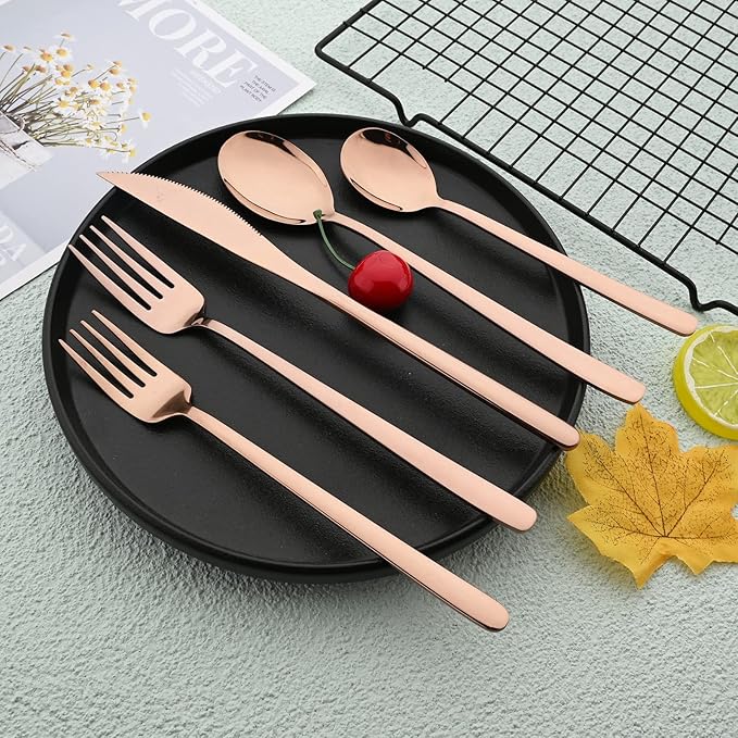 Knives and Forks Set Flatware Set Korean Silverware SUS304 Stainless Steel Kitchen Dinnerware Portable Utensils for Home, Camping Restaurant Christmas Gift - Rose Gold