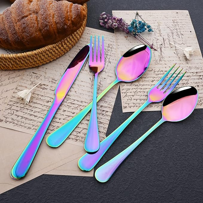 JASHII 25-Piece Fork Spoon Knife Silverware Set with Serving Utensils for 4, Food Grade Stainless Steel Flatware Cutlery Set for Home and Restaurant, Dishwasher Safe - Shiny Rainbow