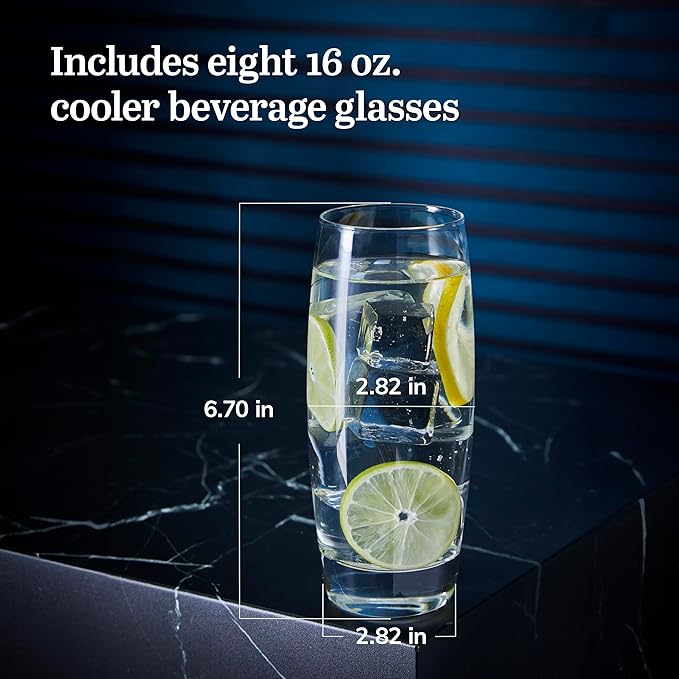 Libbey Signature Kentfield Glass Tumbler Set of 8, Elegant Heavy Base Glass Tumblers with Wide Rim, Tapered 16 oz Drinkware Set for Water and Drinks
