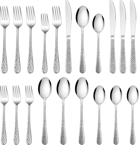HaWare Hammered Silverware Set, 20-Piece Stainless Steel Flatware Set Serving for 4, Food-Grade Tableware Cutlery Set, Reusable Eating Utensil Sets for Home Restaurant, Mirror Polish, Dishwasher Safe