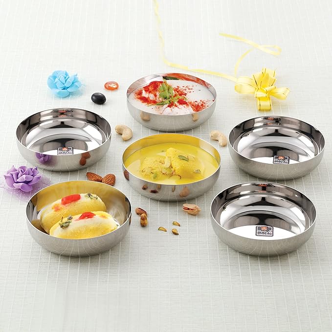Priya Heavy Stainless Steel Set of 6 Plates,| Serving Dessert Curry Soup Bowls Wati Vati Katori | Small Rice Side Dishes | Kitchen & Dining,Solid