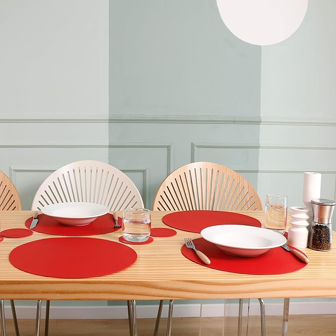 Wipeable Placemats and Coasters Leather Table Mats Waterproof Heat-Resistant Easy to Clean for Dining Table Set Kitchen Table Set of 6, Red