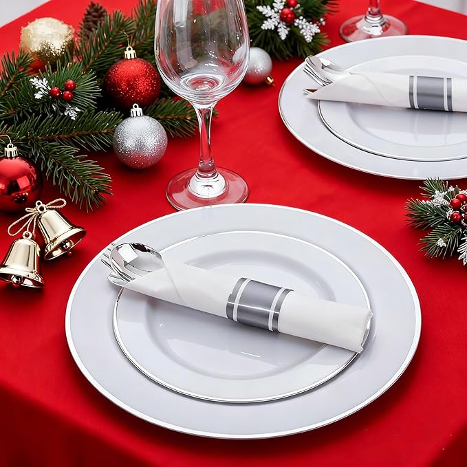 SUT 100 Pack Pre Rolled Silverware Set Disposable, 400 Pcs Silver plastic utensils Include 100 Forks, 100 Knives, 100 Spoons, 100 Napkins, Plastic Cutlery, Wrapped Silverware Set Disposable for Party