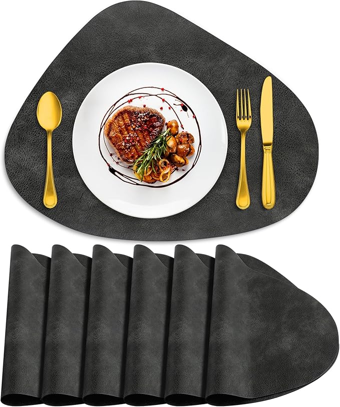 ADRIMER Placemats, Heat Resistant Round Placemats Set of 6 Washable 13 x 17 Inch, Waterproof Table Mats Wipeable for Kitchen, Dining Room Table Christmas Decor, Dark Grey