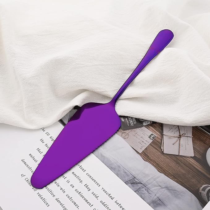 7 Pcs Purple Serving Utensils, Stainless Steel Flatware Serving Set, Include Cake Server/Slotted Spoon/Serving Spoon and Fork/Soup Ladle, Serveware Set for Buffet and Party