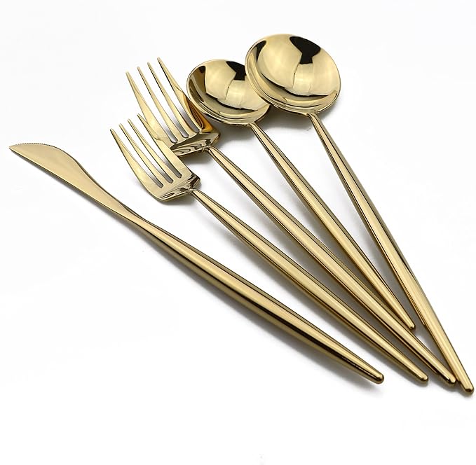 5-Pieces 18/10 Stainless Steel Silverware Set, Colorful Mirror Polishing Gold Flatware Set, Kitchen Knife Fork Spoon Utensils, Service for 1