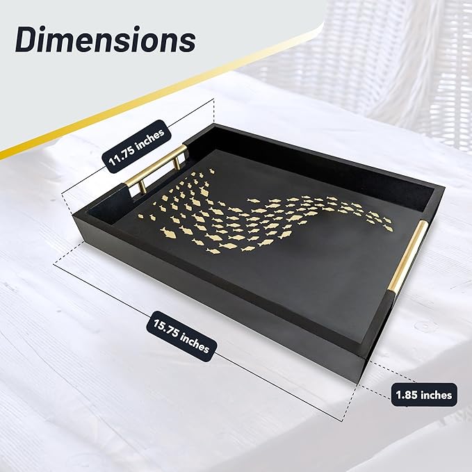 Black Serving Tray with School of Golden Fish Design Gothic Ottoman Tray, Tea and Coffee Table Tray, Jewelry Bathroom Organizer, Gift, Gloss Finish