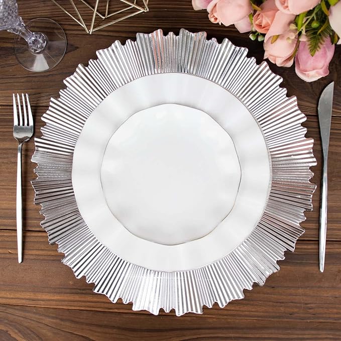 13" Charger Plates - Set of 24 - Metallic Silver with Sunray Scalloped Rim Plastic Chargers, Disposable Round Acrylic Serving Trays For Dinner Wedding Party Events