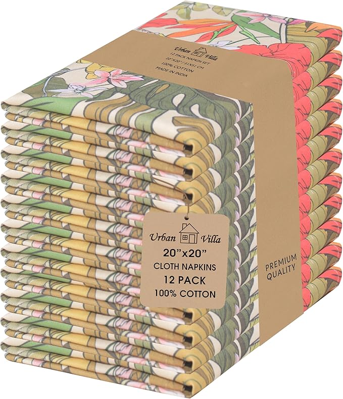 Urban Villa Cloth Napkins 100% Cotton Dinner Napkins Highly Absorbent 20x20 Inches (Set of 12) Hibiscus Print Reusable Washable Soft Durable Premium Napkins Ideal for Home Wedding Parties