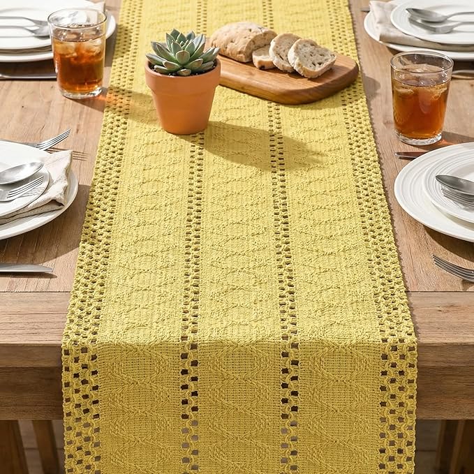 Artoid Mode Yellow Farmhouse Woven Rustic Hollow Table Runner, Seasonal Holiday Hollow Kitchen Dining Table Decoration for Home Party Decor 12x72 Inch