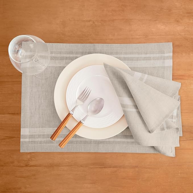 Solino Home Striped Linen Dinner Napkins Set of 4-100% Pure Linen White and Natural Cloth Napkins 20 x 20 Inch - French Stripe, Handcrafted and Machine Washable