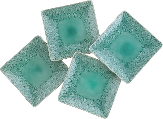 Euro Ceramica Peacock Stoneware 4-Piece 6.5''Square Appetizer Plate Set,Lagoon, (PK-20712LN)