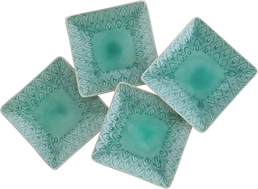 Euro Ceramica Peacock Stoneware 4-Piece 6.5''Square Appetizer Plate Set,Lagoon, (PK-20712LN)