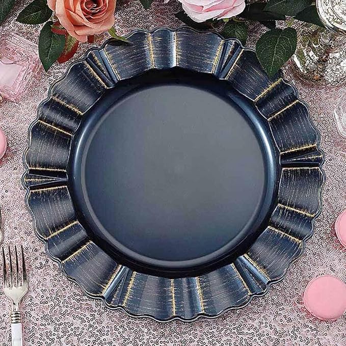 Efavormart 13" Charger Plates - Set of 12 - Navy Blue Round Acrylic Disposable Charger Plates with Gold-Brushed Wavy Scalloped Rim, Ideal for Wedding Dinner Party Bulk Events Tabletop Decor