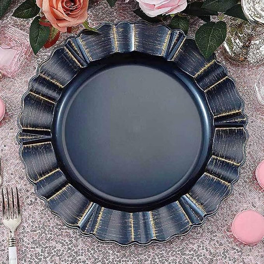 Efavormart 13" Charger Plates - Set of 12 - Navy Blue Round Acrylic Disposable Charger Plates with Gold-Brushed Wavy Scalloped Rim, Ideal for Wedding Dinner Party Bulk Events Tabletop Decor