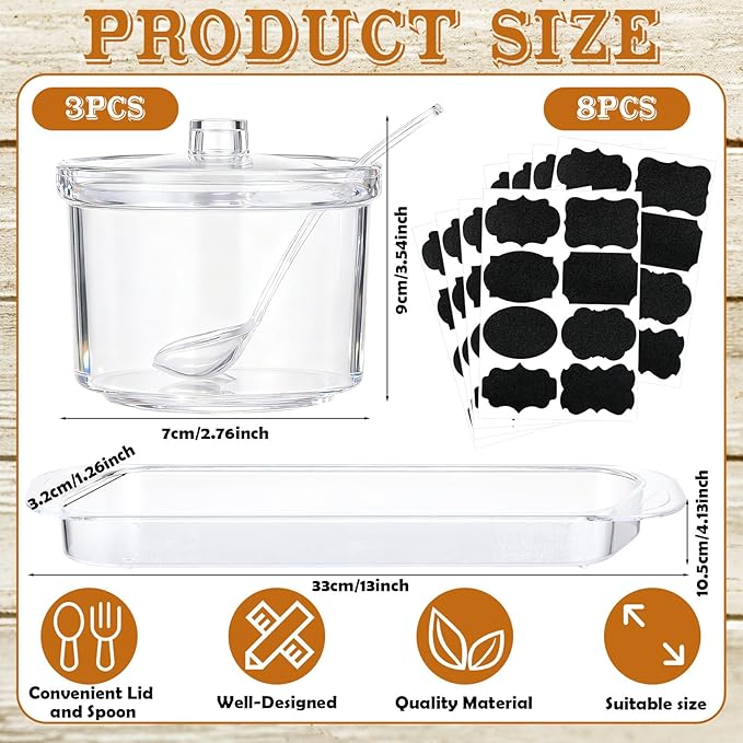 3 Pcs Clear Acrylic Sugar Container with Lid and Spoon 7 oz Seasoning Sugar Jar Salt Spice Canister Condiments Pot with Label Stickers for Home Coffee Bar Restaurant Kitchen