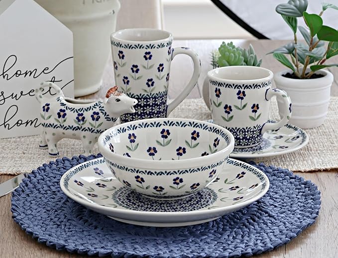 Blue Rose Polish Pottery - Blue Daisy 16 Piece Dinner Set - 4 Place Settings - Great for Everyday Dining, Casual Dining, or as Formal Dinnerware