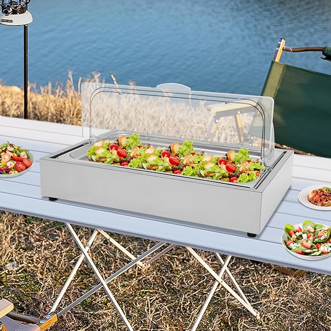 Serving Tray 6L/1.59Gal Ice Food Serving Display Tray with Clear Cover & Ice Box Stainless Steel Buffet Cold Serving Cooler Platter for Outdoor Buffets, Parties, and Street Vendors