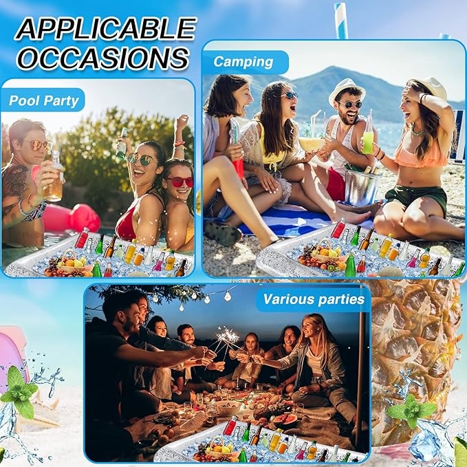 Leitee 3 Pcs Inflatable Serving Bar 52 x 24 x 5'' Ice Buffet Serving Tray Drink Cooler with Drain Plug Inflatable Pool Bar for Party Food Drink Holders with a Hand Pump(Glitter Silver)