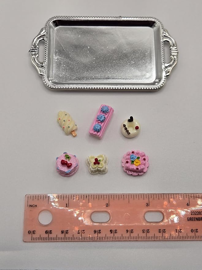 Tea Time Mini Silver Rectangle Serving Tray with 6 Mini Play Sweets - Great Size for 18" Dolls