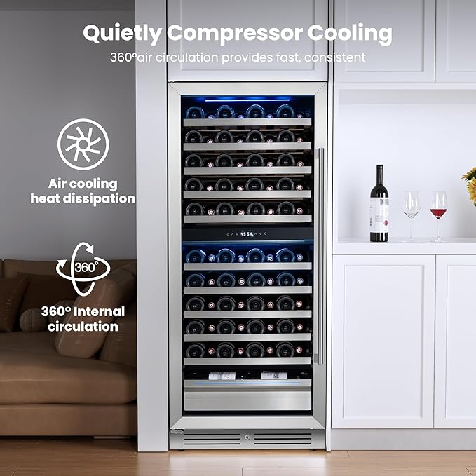 Yeego Wine Fridge – 24 Inch Dual Zone Wine Cooler Refrigerator 40°F-65°F, 304 Stainless Steel Glass Door Lock, Temp Memory Blue & White LED Built-in Fridge Left-hand Opening with Drawer (89 Bottle)
