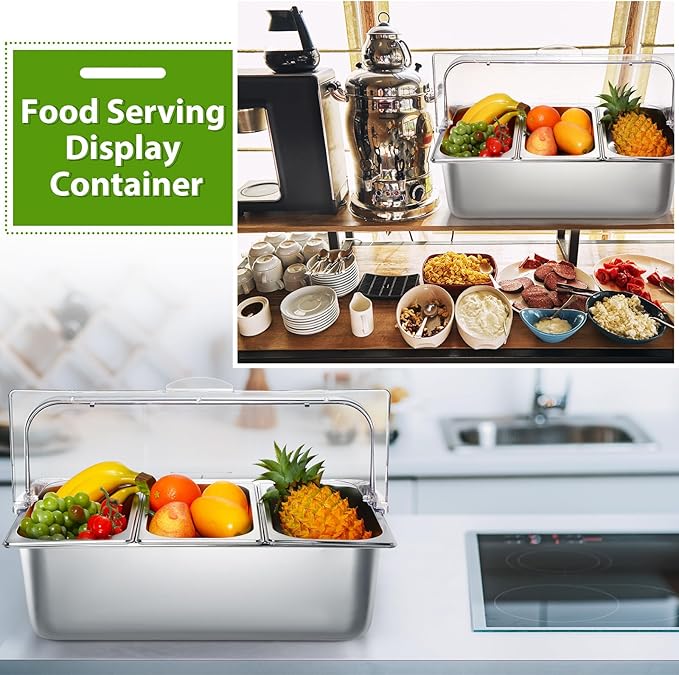 2 Pack Countertop Food Serving Display Container Stainless Steel Food Serving Tray Buffet Condiment Dispenser Display Rack with Clear Roll Top Cover for Buffet (3 Pan and 3 Pan)