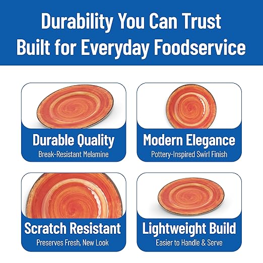 Carlisle FoodService Products Mingle Resuable Plastic Plate Dinner Plate with Pottery Style for Home and Restaurant, Melamine, 9 Inches, Fireball, (Pack of 12)