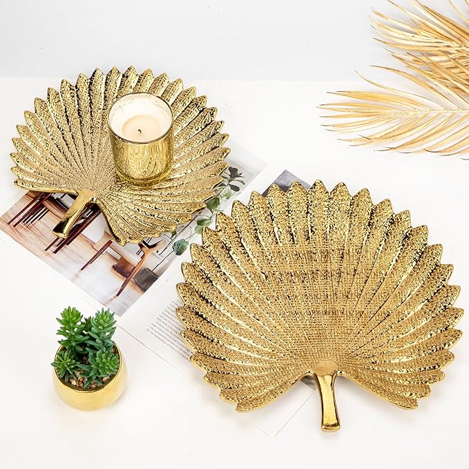 Gold Leaf Decorative Serving Tray for Table Centerpiece – 12" Ceramic Leaf-Shaped Trinket Dish, Candle Tray, Vanity Organizer, Coffee Table Decor, Modern Glam Home Decor, Gifts for Women