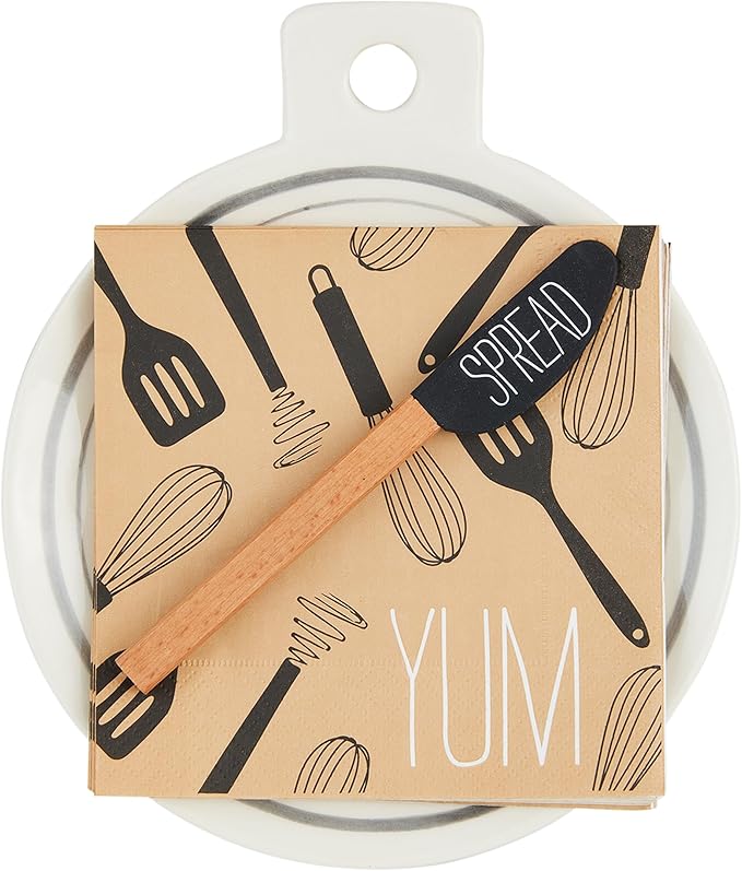 Mud Pie Yum Bistro Appetizer Set; plate 6 1/2" dia | napkin 5" x 5" | spreader 5 1/2"