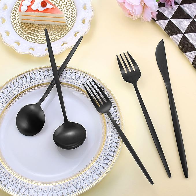 60 Piece Silverware Set,Matte Black Flatware Set,Stainless Steel Cutlery Set Service for 12,Food-Grade Tableware Set Including Fork Knife Spoon Set,Dishwasher Safe.