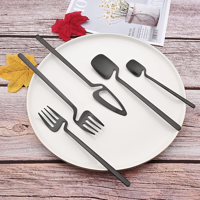 JASHII 28-Piece Silverware Set, 304 Stainless Steel Flatware Cutlery Set Service for 4, Metal Eating Utensil Set, Including Fruit Fork and Ice scoop, Hangable & Matte - Dishwasher Safe - Black
