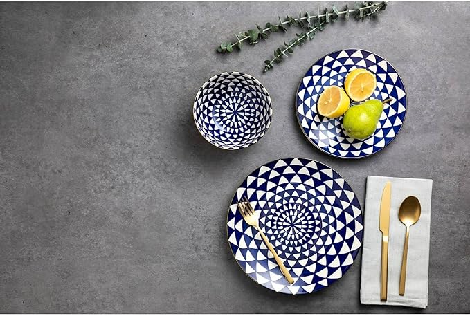 12-Piece Ceramic Dinnerware Set for 4, Plates and Bowls, Microwave and Dishwasher Safe (Blue and White)