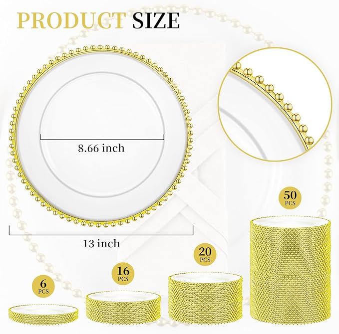 16 Pcs Clear Charger Plates with Beaded Rim 13 Inch Acrylic Gold Beaded Charger Plates Bulk for Wedding Party Dinner Birthday Table Events Decoration