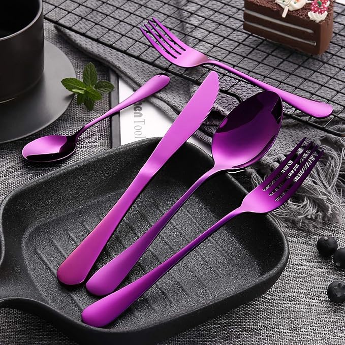 Silverware Set, 20-Piece Purple Flatware Cutlery Set Service for 4,Stainless Steel Kitchen Utensil Set Tableware Knife Spoon Fork Set for Home&Restaurant. Dishwasher Safe(Purple-20pcs set)