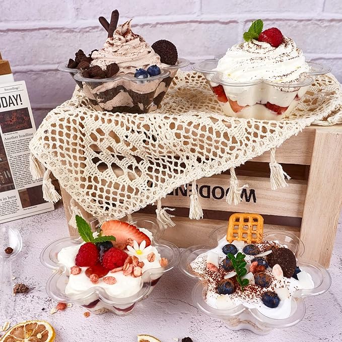 100ct 8oz Clear Plastic Dessert Cups with Spoons, Disposable Flower Shaped Ice Cream Bowls, Party Sundae Serving Bowls for Ice Cream, Nuts and Salad, Trifle Tasters Containers