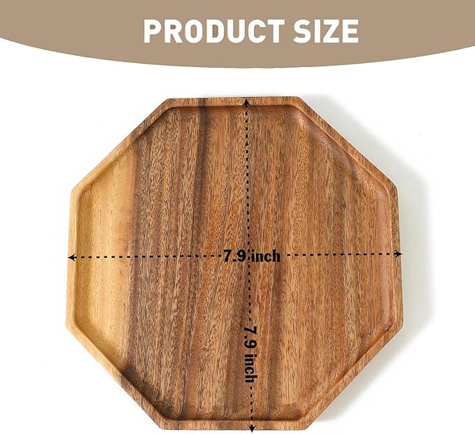 Premium Walnut Wood Octagon Serving Tray 8"-100% Natural Wooden Serving Tray for Coffee Table-Great Ottoman Tray Home Decor Platter-Perfect for Serving Drinks & Food
