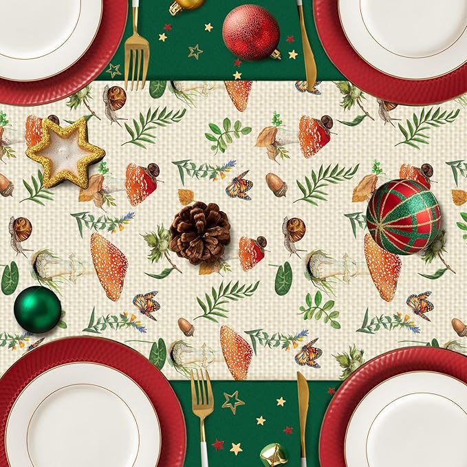 Mushroom Floral Table Runner Seasonal Spring Kitchen Dining Linen Table Decoration for Indoor Outdoor Home Party Decor 13 x 72 Inch