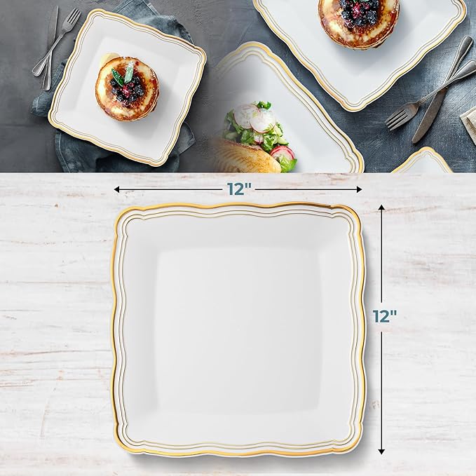 Posh Setting - White Plastic Serving Trays 6 Pack, Heavyweight Plastic Trays for Serving Food Party, Gold Rim Border Disposable Serving Platters and Trays, Platters for Serving Food Party - 12"x12"